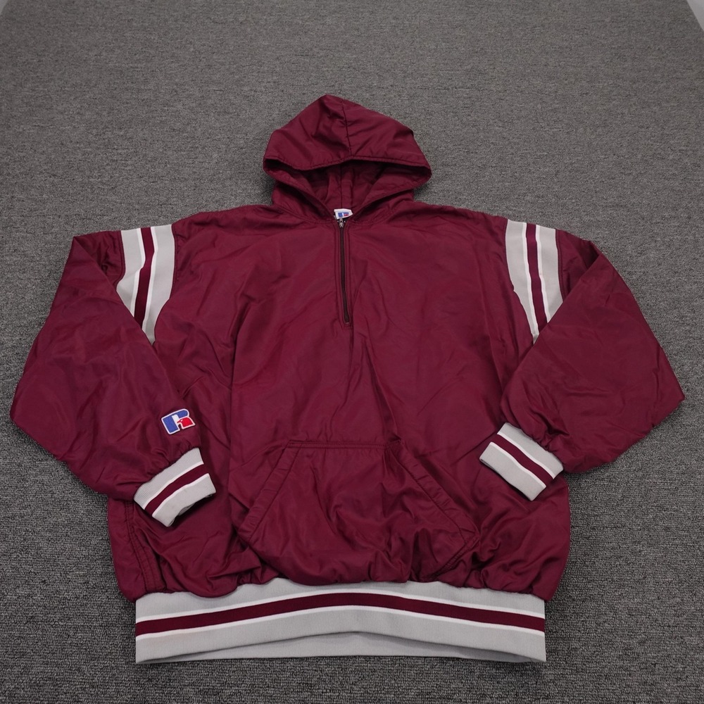 Vintage‎ Russell Athletic Jacket Mens XL Red Hooded 1/4 Zip Windbreaker Made USA
